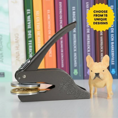 custom book embosser featuring dog designs, perfect for pet lovers and readers.