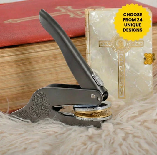 Faith and religious themed custom book embosser displayed next to vintage books.