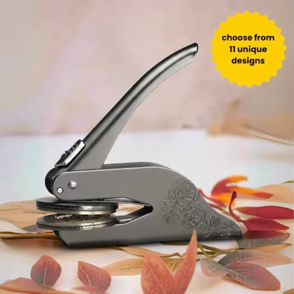 custom library embosser featuring an autumn theme with fall leaves.