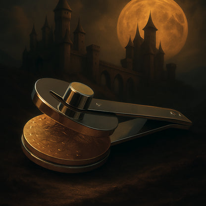 Interchangeable mythology themed clip insert for custom book embosser on a dark background.
