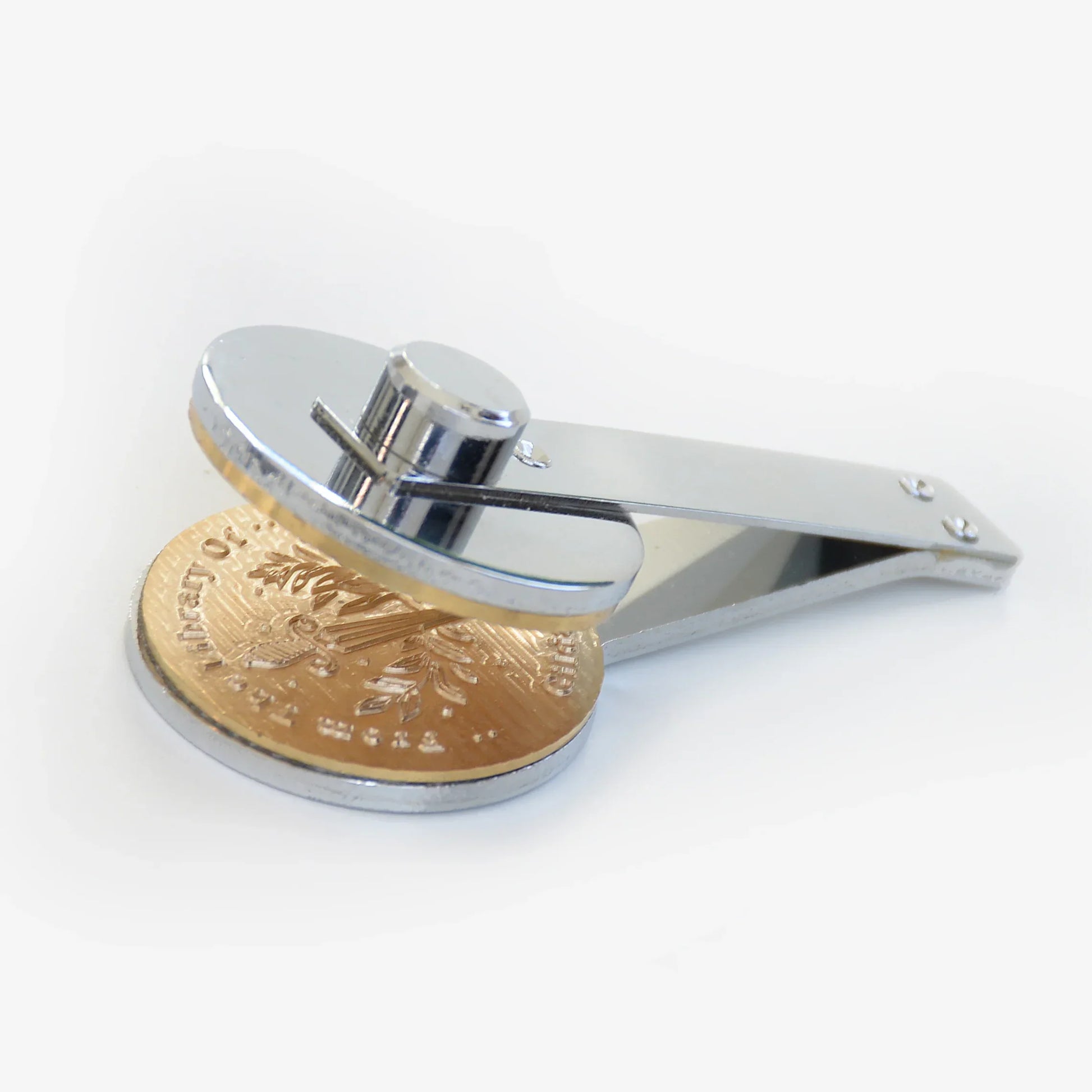 Standard silver interchangeable clip plate for custom library book embossers.